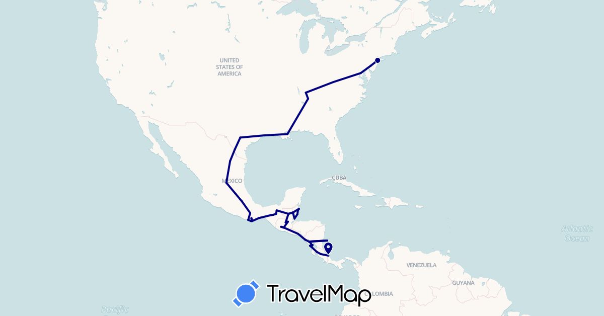 TravelMap itinerary: driving in Belize, Costa Rica, Guatemala, Mexico, Nicaragua, El Salvador, United States (North America)